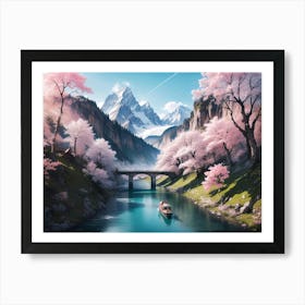 Mountain River with Cherry Blossom and Alps view #7 - Oil Painting Art Print