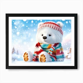 Polar Bear Cub Clad In Colorful Knit Winter Sweater With Matching Pompom Hat Sitting Serenely Withi Art Print