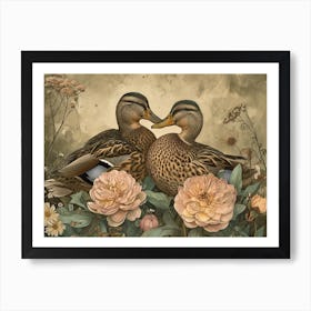 Floral Animal Illustration Mallard Duck 3 Art Print