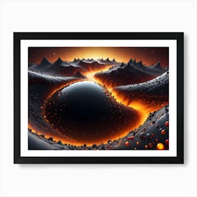 A Black Sphere With Glowing Orange Edges Is Partially Submerged In A Landscape Of Gray Mountains And Lava Like Formations Art Print