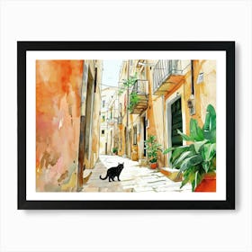 Bari, Italy   Black Cat In Street Art Watercolour Painting 4 Art Print