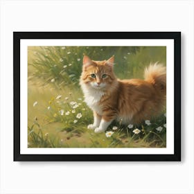 A Painting Of A Ginger Cat Sitting In A Field Of Wildflowers, Art Print