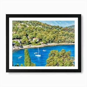 Serene Seascape Escape. The image depicts a tranquil coastal scene featuring a small, lush island surrounded by clear blue waters. Several boats are anchored nearby, and a person is seen riding a jet ski, leaving a trail of white foam behind. The sky is clear, enhancing the vibrant blue hues of the sea and sky, creating a picturesque and serene atmosphere. 5 Art Print