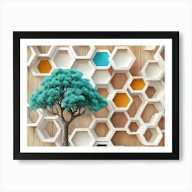 Turquoise Tree And Multicolored Hexagons Displayed on White Lattice Tiles Against an Oak Wood Background Poster