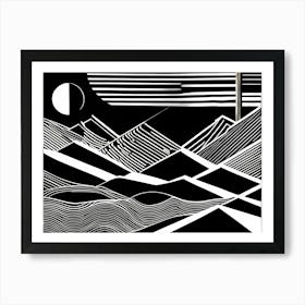 Retro Inspired Linocut Abstract Shapes Black And White Colors art, 223 Art Print