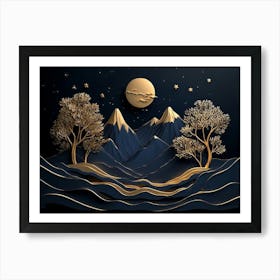 3d Modern Art with Dark Blue and Golden Wave Landscape Art Print