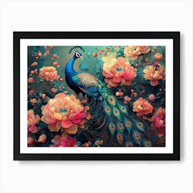 Bright Color Floral With Exotic Oriental Pattern Flowers And Peacocks 4 Art Print