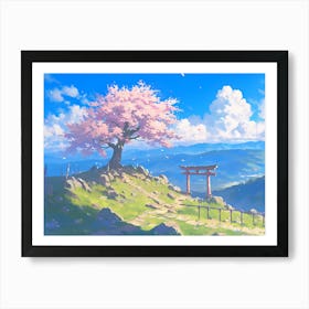Cherry Blossom Tree On Top Of The Mountain Art Print
