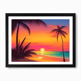 A Tranquil Beach At Sunset Horizontal Illustration 57 Art Print