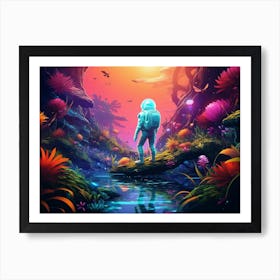 Psychedelic jungle astronaut standing on the edge of a neon-lit swampy forest Art Print