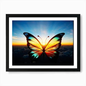 Sunrise Backlit Butterfly Silhouette With Iridescent Painted Wings Unfurling Towards The Bursting Art Print