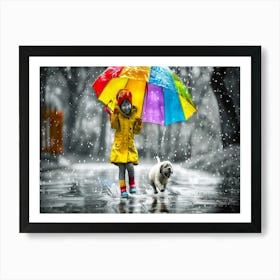 Girl With Yellow Umbrella - Rainy Good Morning Art Print