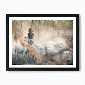 Girl With Her Goats Art Print