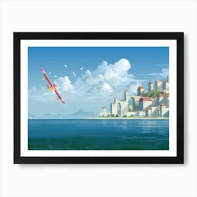 The red bird and coastal city Art Print