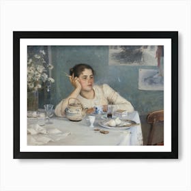 Woman Smoking At Breakfast Table, Moody Vintage Woman Portrait Art Print