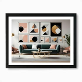 A Modern Living Room With A Green Velvet Sofa, A Coffee Table, Two Armchairs, And A Gallery Wall Of Abstract Prints Art Print