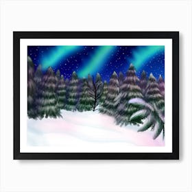 Snowy trees northern lights Art Print