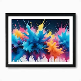 Abstract Image Of A Colorful Explosion Of Paint Splatters In Shades Of Blue, Pink, Yellow, And Orange Art Print