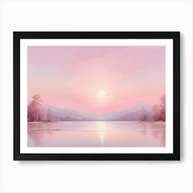 A Serene Landscape Painting Featuring A Lake, Mountains, And A Soft Pink Sunset With A Circular Sun Art Print