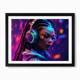 Ebony girl immersed in a neon-lit cyberpunk world, wearing a sleek cyberpunk headset and futuristic gear Art Print