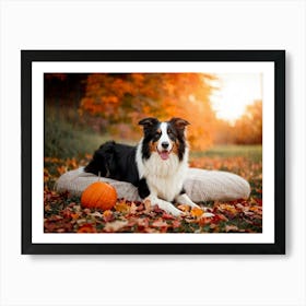 Autumnal Backdrop Transitioning Into Winter An American Border Collie Sits On A Bed Of Fallen Leave Art Print