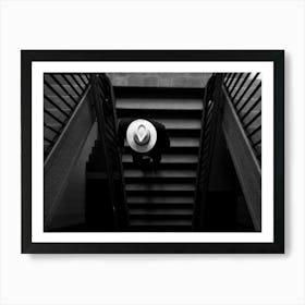 Architecture With Lines And Shapes, Staircase With Man And White Panama Hat Art Print