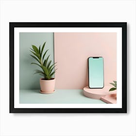 A Modern Minimalist Mockup Showing A Smartphone With A Blank Screen Placed On A Pink Platform, With A Potted Plant On The Left And A Small Succulent On The Right Art Print