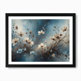 A Painting Of Delicate, White Flowers With Brown And Blue Accents Against A Soft, Blurred Background Art Print