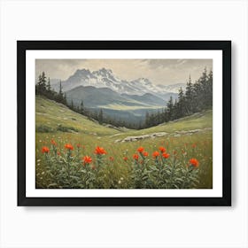 Vintage Oil Painting of indian Paintbrushes in a Meadow, Mountains in the Background 14 Art Print