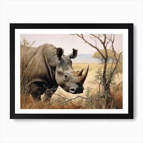 Black Rhinoceros Grazing In The African Savannah Realism 3 Art Print