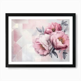 Beautiful 3d Watercolor Peonies In Rose Color with Geometrical Background Art Print