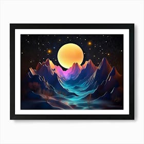 3d Modern Art With Night Landscape With Colorful Mountains 2 Art Print