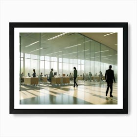 A Modern Office Interior With A Large Glass Wall, Revealing A Bustling Workspace With People Working At Desks Art Print