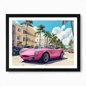 Pink Convertible Sports Car Is Driving Down The Street Poster