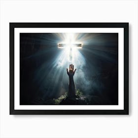 An Ultra Realistic Depiction Of A Hand Raised In A Gesture Of Prayer Emerging From Darkness Into A (6) Art Print