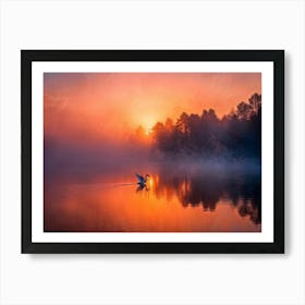 Fantastic Scenery Of A Forest In Dense Fog Illuminated By The Warm Glow Of A Setting Sun Casting A R Art Print