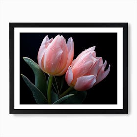 Pink Tulips On Black Background Art Print