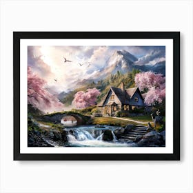 Mountain River and Cherry Blossom Painting #6 Art Print