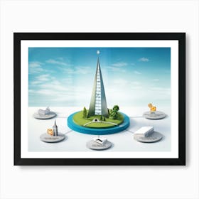 Business And Directional Icons Arrayed In Three Dimensional Space Featuring A Stylized Growing Tre Art Print