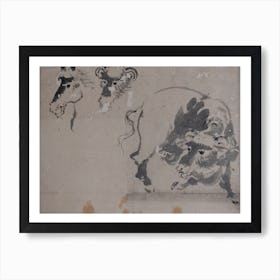 Drawing Of A Bison, And Heads Of A Bison And Horse, Katsushika Hokusai Art Print