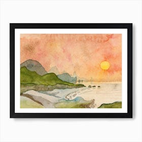 Sun Above The Lake watercolor painting landscape nature sun water mountains orange burnt yellow green hand painted Art Print