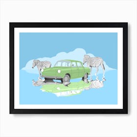 Car And Zebras, animals, classic car, illustration, wall art Art Print