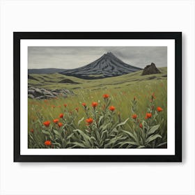 Vintage Oil Painting of indian Paintbrushes in a Meadow, Mountains in the Background 1 Art Print