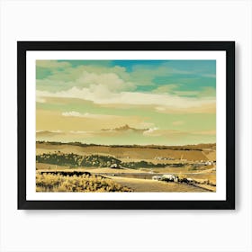 Mountain View Over Langhe Landscape. A serene view of Langhe, Italy, with rolling hills and charming villages in the foreground, set against the stunning backdrop of the snow-capped Alps under a soft, pastel sky. This scene captures the peaceful beauty of the Langhe region, highlighting its harmonious blend of agriculture, historical architecture, and natural grandeur. 2 Art Print