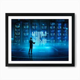 A Digital Painting Of An Abstract Cyber World In Which A Thick Neon Blue Firewall Serves As A Rugg (1) Art Print