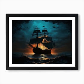 Pirate Ship At Night Art Print