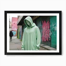 A Mannequin Wearing A Green Hoodie Stands In A Graffiti Covered Alleyway Art Print