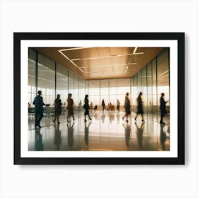 Silhouettes Of Businesspeople Walking In A Modern Office Building Hallway With Large Windows And Warm Evening Light Art Print