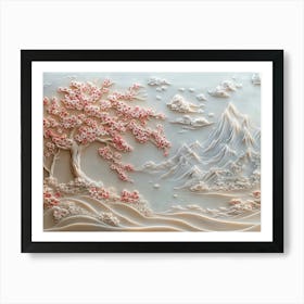 Beautiful Sakura Tree And Mountain 3d 4 Art Print