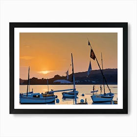 Sunset Harbor in Var Riviera. A picturesque scene of a harbor at sunset, with several sailboats docked along a rocky pier. The sky is ablaze with vibrant orange and red hues, with the sun partially obscured by clouds on the horizon. The water reflects the warm colors of the sky, creating a serene and tranquil atmosphere. The sailboats are silhouetted against the sunset, their masts reaching towards the sky. 1 Art Print